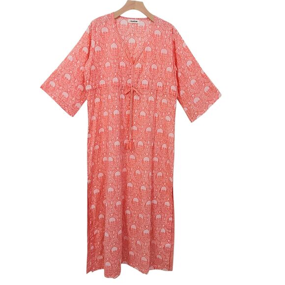 Mandum Maxi Dress Womens Medium Orange Floral Side Slit V-Neck Cotton Bohemian - Picture 1 of 12